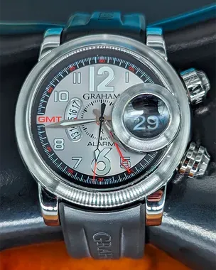 Graham Swordfish Grillo Alarm GMT 46MM Silver Dial Rubber Strap